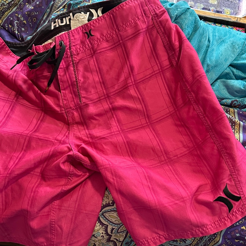 Hurley Hot Pink Plaid Boardshorts with Black Accents